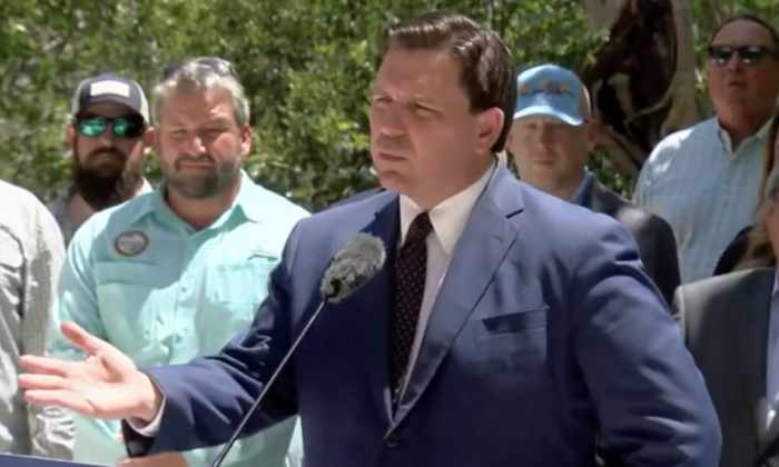 Florida's Gov. Ron DeSantis at a press conference in Lee County on May 3, 2022. (Screenshot/The Epoch Times)