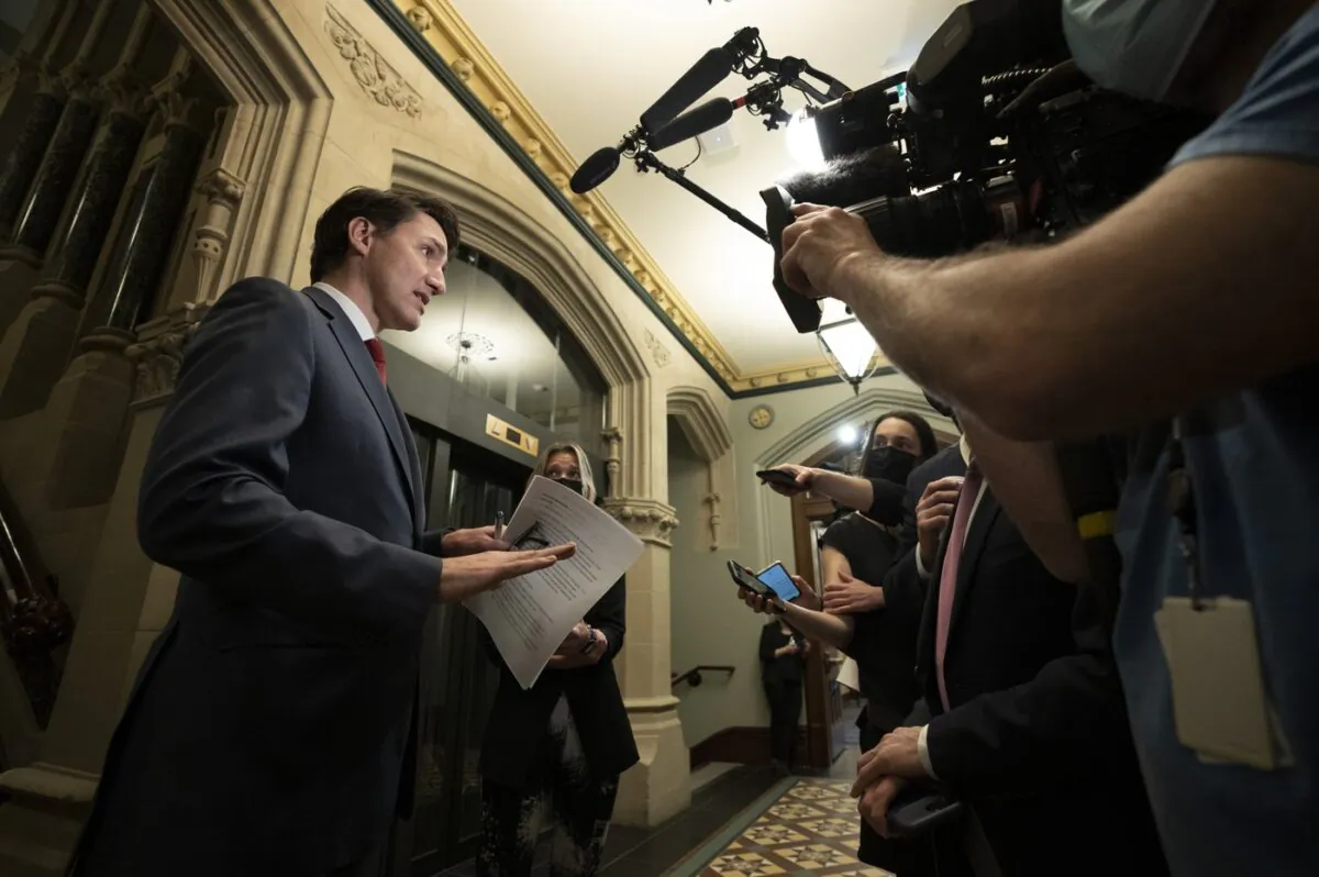 Prime Minister Justin Trudeau speaks with the media as he make his way to caucus on Parliament Hill, May 4, 2022 in Ottawa. (The Canadian Press/Adrian Wyld)