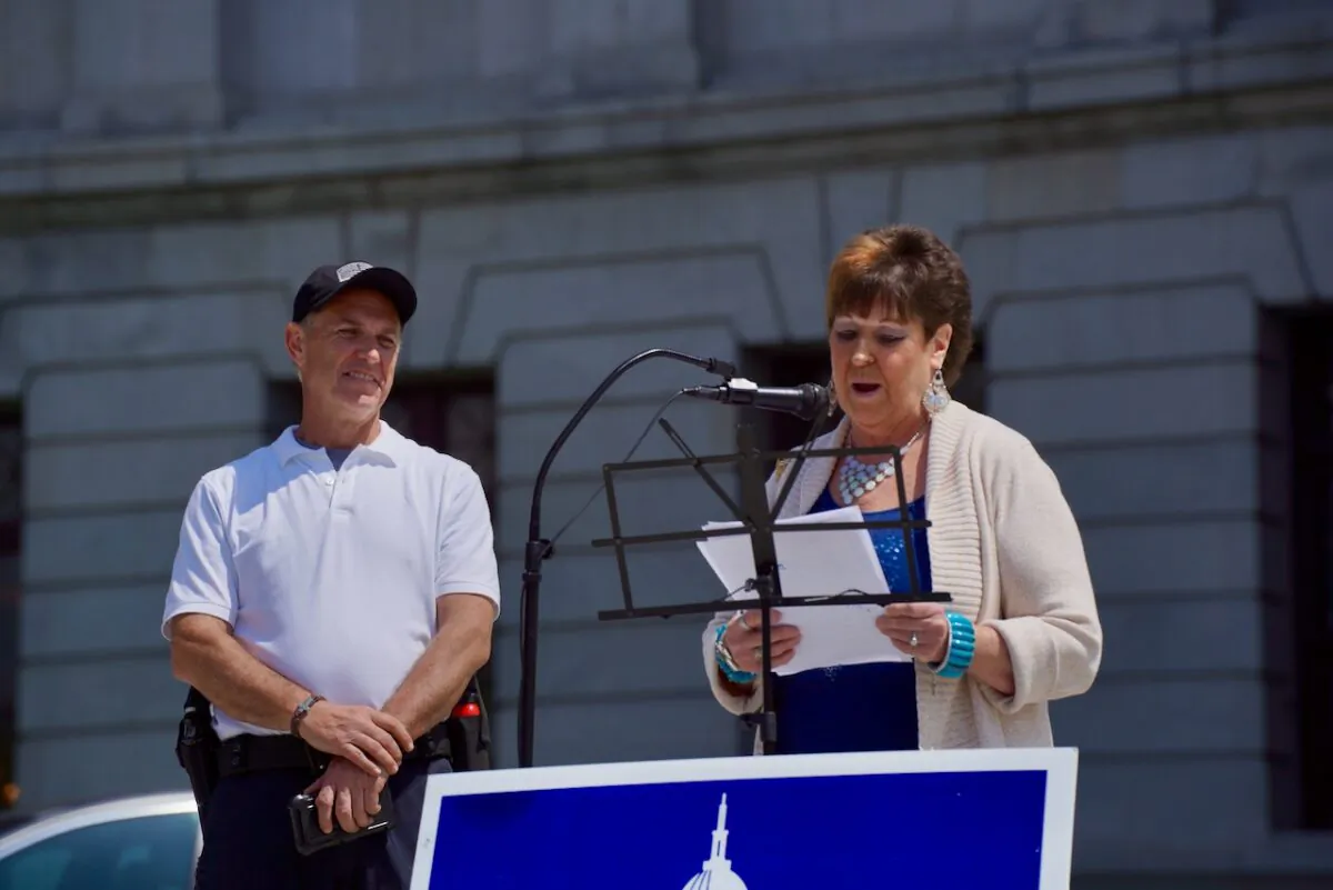 Jane Taylor Toal, president of Citizens for Liberty based out of Montgomery County, speaking at the “Make Pennsylvania Godly Again” rally in Harrisburg, May 2, 2022. (Steve Wen/The Epoch Times)