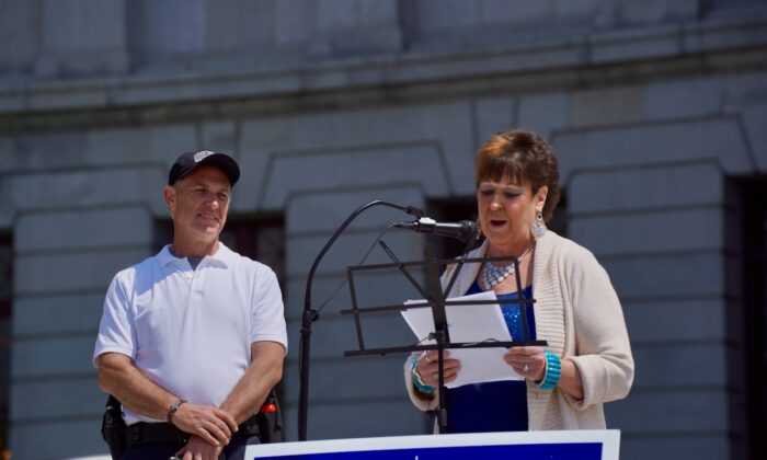 Jane Taylor Toal, president of Citizens for Liberty based out of Montgomery County, speaking at the “Make Pennsylvania Godly Again” rally in Harrisburg, May 2, 2022. (Steve Wen/The Epoch Times)