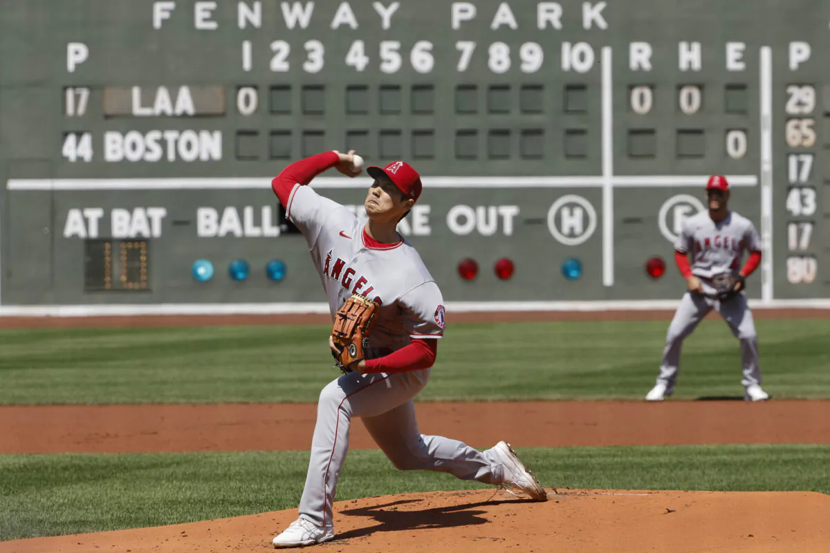 Shohei Ohtani #17 of the Los Angeles Angels pitches against the Boston Red Sox during the first inning at Fenway Park, in Boston, on May 5, 2022. (Winslow Townson/Getty Images)