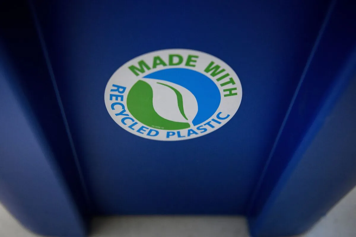 An empty recycling can made of plastic. (Brendan Smialowski/AFP via Getty Images)