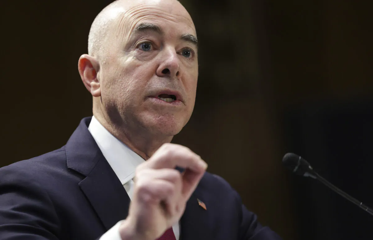 Secretary of Homeland Security Alejandro Mayorkas testifies before a Senate panel in Washington on May 4, 2022. (Kevin Dietsch/Getty Images)