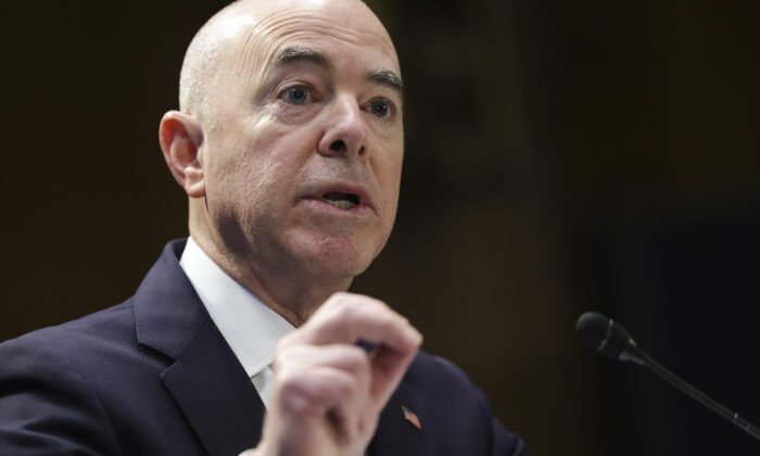 Secretary of Homeland Security Alejandro Mayorkas testifies before a Senate panel in Washington on May 4, 2022. (Kevin Dietsch/Getty Images)