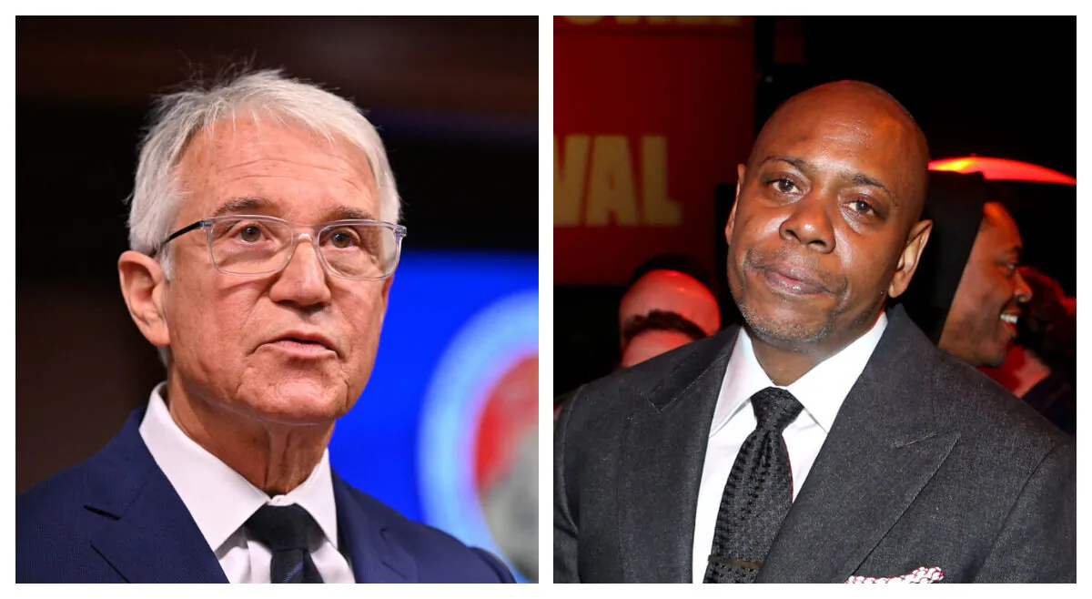 Los Angeles County District Attorney George Gascon speaks at a press conference in Los Angeles on Dec. 8, 2021, and Dave Chappelle at an event in Hollywood, California, on April 28, 2022. (Robyn Beck/AFP via Getty Images; Phillip Faraone/Getty Images for Netflix)