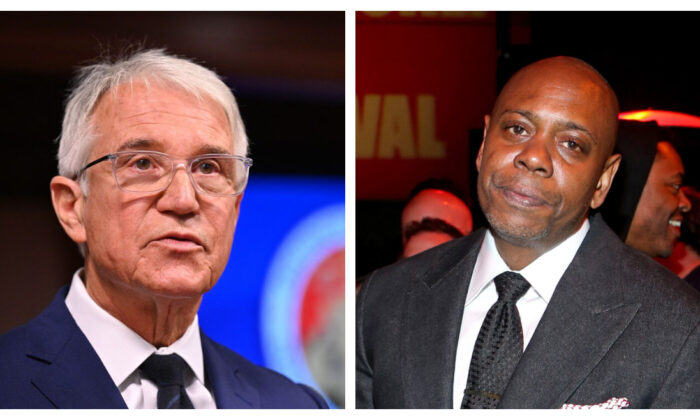 Los Angeles County District Attorney George Gascon speaks at a press conference in Los Angeles on Dec. 8, 2021, and Dave Chappelle at an event in Hollywood, California, on April 28, 2022.  (Robyn Beck/AFP via Getty Images; Phillip Faraone/Getty Images for Netflix)