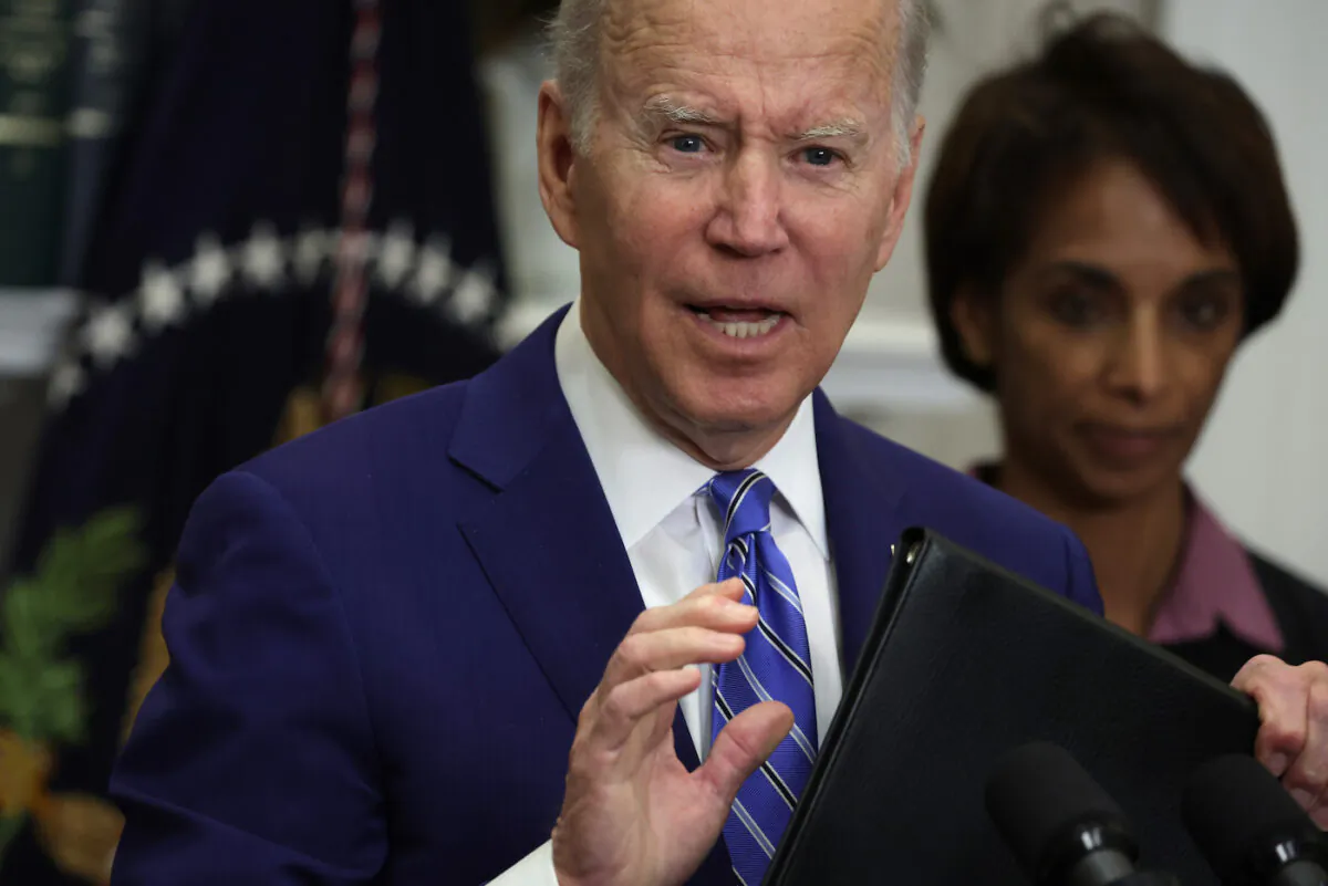 U.S. President Joe Biden speaks as Assistant to the President & Chair of the Council of Economic Advisers Cecilia Rouse listens during an event at the Roosevelt Room of the White House May 4, 2022 in Washington, D.C. (Alex Wong/Getty Images)