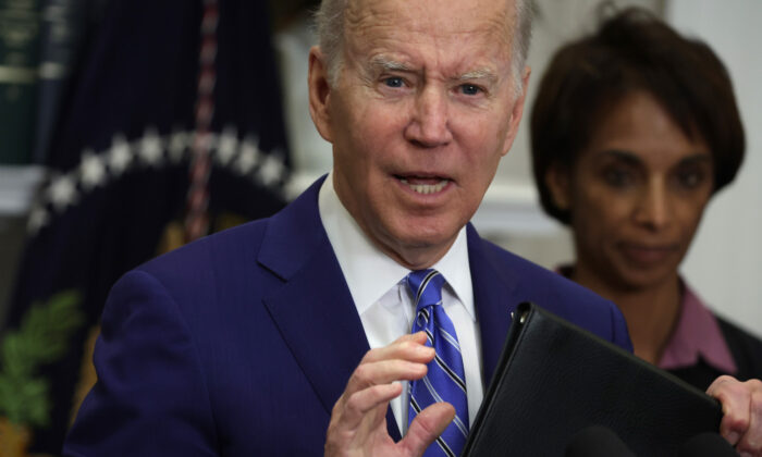 U.S. President Joe Biden speaks as Assistant to the President & Chair of the Council of Economic Advisers Cecilia Rouse listens during an event at the Roosevelt Room of the White House May 4, 2022 in Washington, D.C. (Alex Wong/Getty Images)