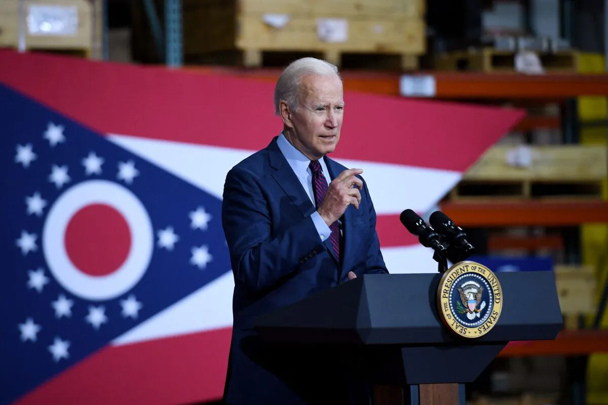 President Joe Biden delivers remarks during a visit to United Performance Metals, a specialty metals solutions center, in Hamilton, Ohio, on May 6, 2022. (Olivier Douliery/AFP via Getty Images)