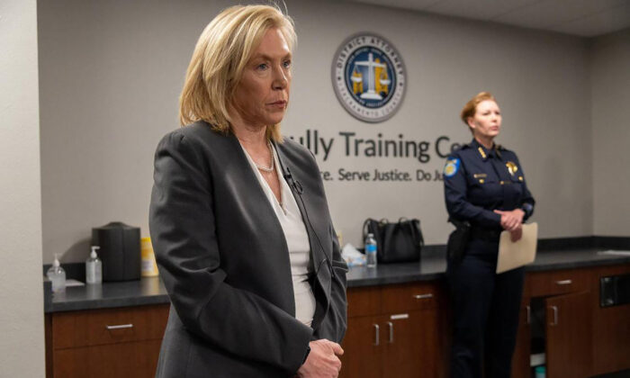 Sacramento County District Attorney Anne Marie Schubert (L) and Sacramento Police Department Chief Katherine Lester at the Sacramento County District Attorney’s Office in California on May 3, 2022. (Paul Kitagaki Jr./The Sacramento Bee/TNS)