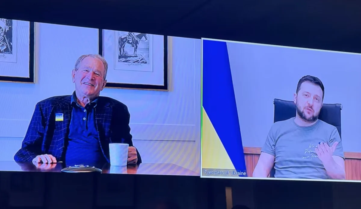 Former President George W. Bush meets virtually with Ukrainian President Volodymyr Zelenskyy on May 5, 2022. (George W. Bush Presidential Center/Screenshot via The Epoch Times)