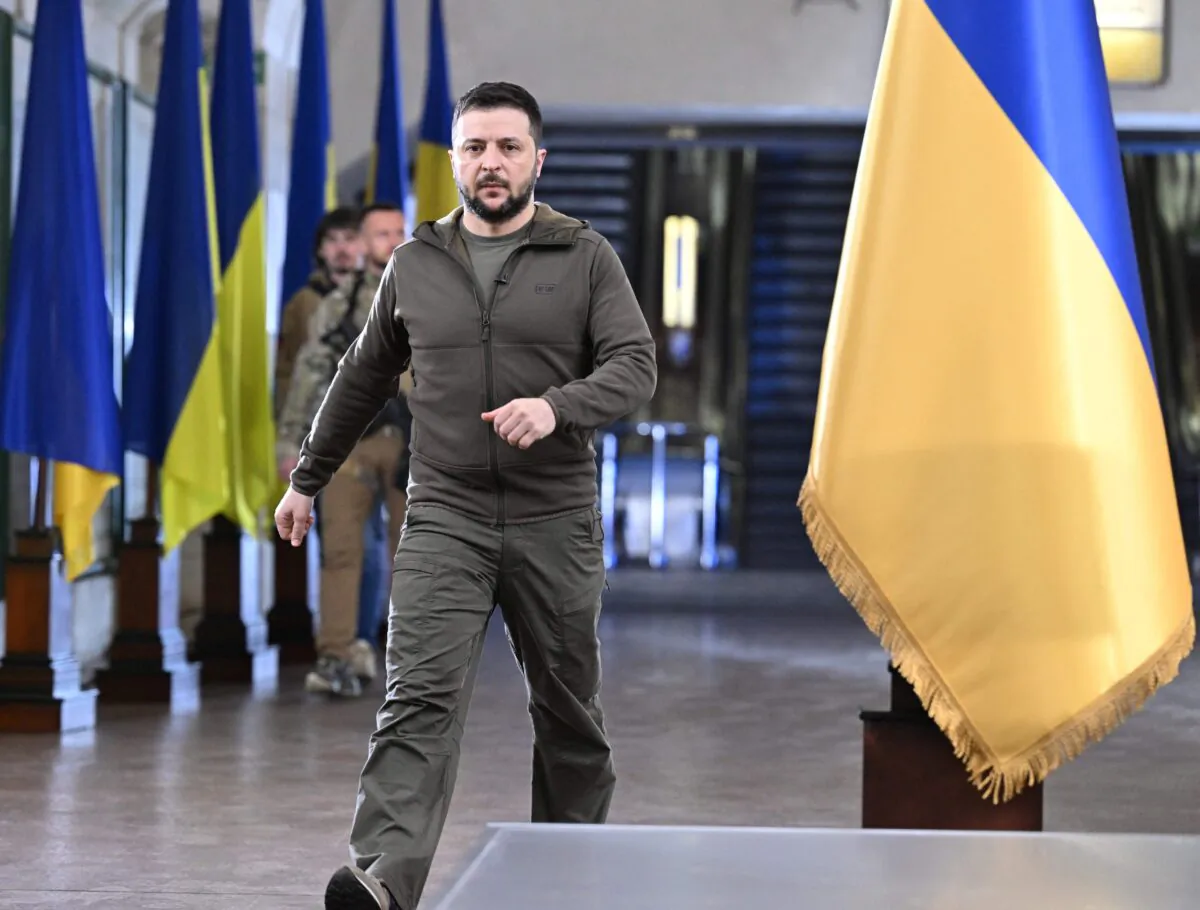 Ukrainian President Volodymyr Zelenskyy arrives for a press conference with international media in an underground metro station in Kyiv, Ukraine, on April 23, 2022. (Genya Savilov/AFP via Getty Images)