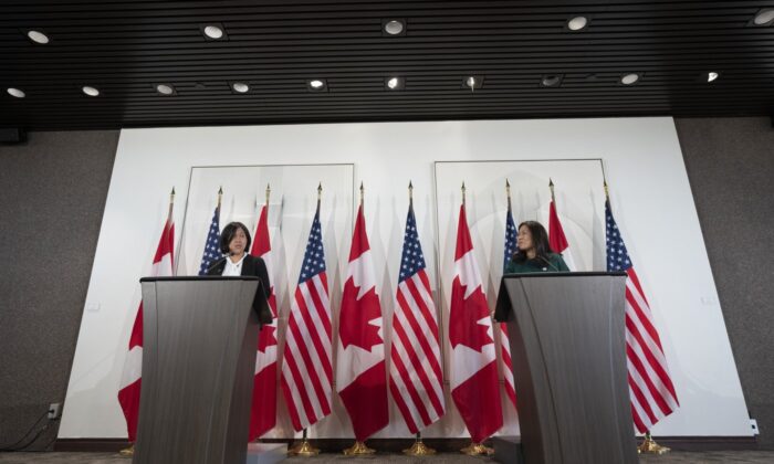 Minister of Economic Development, Minister of International Trade and Minister of Small Business and Export Promotion Mary Ng, right, and United States Trade Representative Katherine Tai speak during a joint news conference in Ottawa, May 5, 2022. (The Canadian Press/Adrian Wyld)