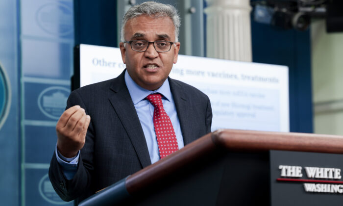 Dr. Ashish Jha, the White House COVID-19 coordinator, speaks to reporters at the White House in Washington on April 26, 2022. (Anna Moneymaker/Getty Images)