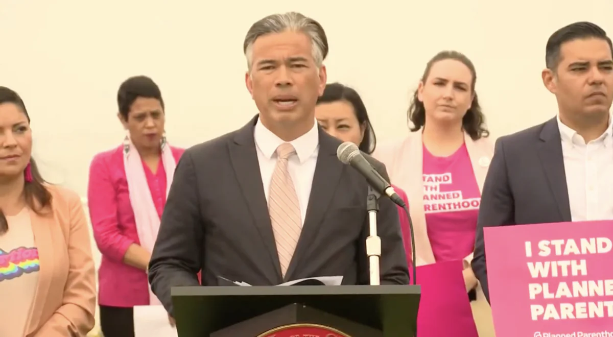 A screenshot from YouTube, taken on May 6, 2022, shows a press conference where the California Attorney General Rob Bonta (C) joined local officials from Long Beach, Calif., to support legalized abortion nationwide in Long Beach, Calif., on May 6, 2022. (Screenshot via YouTube)