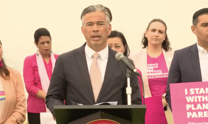 A screenshot from YouTube, taken on May 6, 2022, shows a press conference where the California Attorney General Rob Bonta (C) joined local officials from Long Beach, Calif., to support legalized abortion nationwide in Long Beach, Calif., on May 6, 2022. (Screenshot via YouTube)