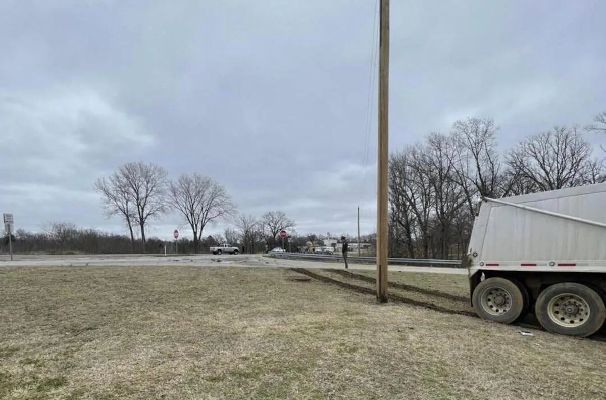 The scene of a deadly two-vehicle collision in Tishomingo, Okla., on March 22, 2022. (Johnston County Oklahoma Sheriff's Office via AP)