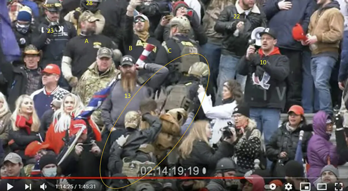Members of the Oath Keepers move up the east steps of the U.S. Capitol on Jan. 6, 2021, flanked by unidentified "suspicious actors." (Attorney Brad Geyer/Screenshot via The Epoch Times)