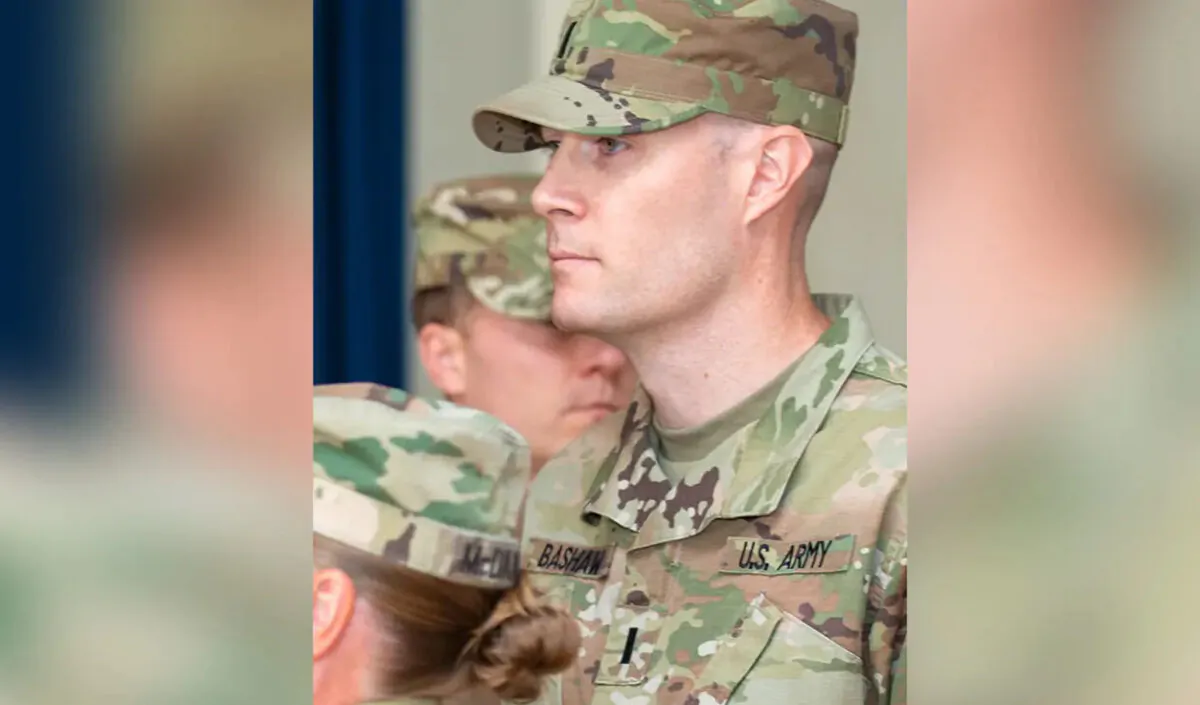 First Lt. Mark Bashaw at his command relinquishment ceremony at the Aberdeen Proving Ground in Maryland on July 9, 2021. (Graham Snodgrass/Army Public Health Center)