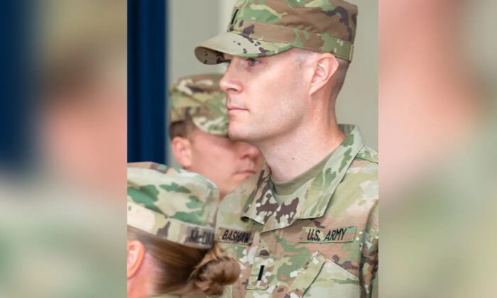 First Lt. Mark Bashaw at his command relinquishment ceremony at the Aberdeen Proving Ground in Maryland on July 9, 2021. (Graham Snodgrass/Army Public Health Center)