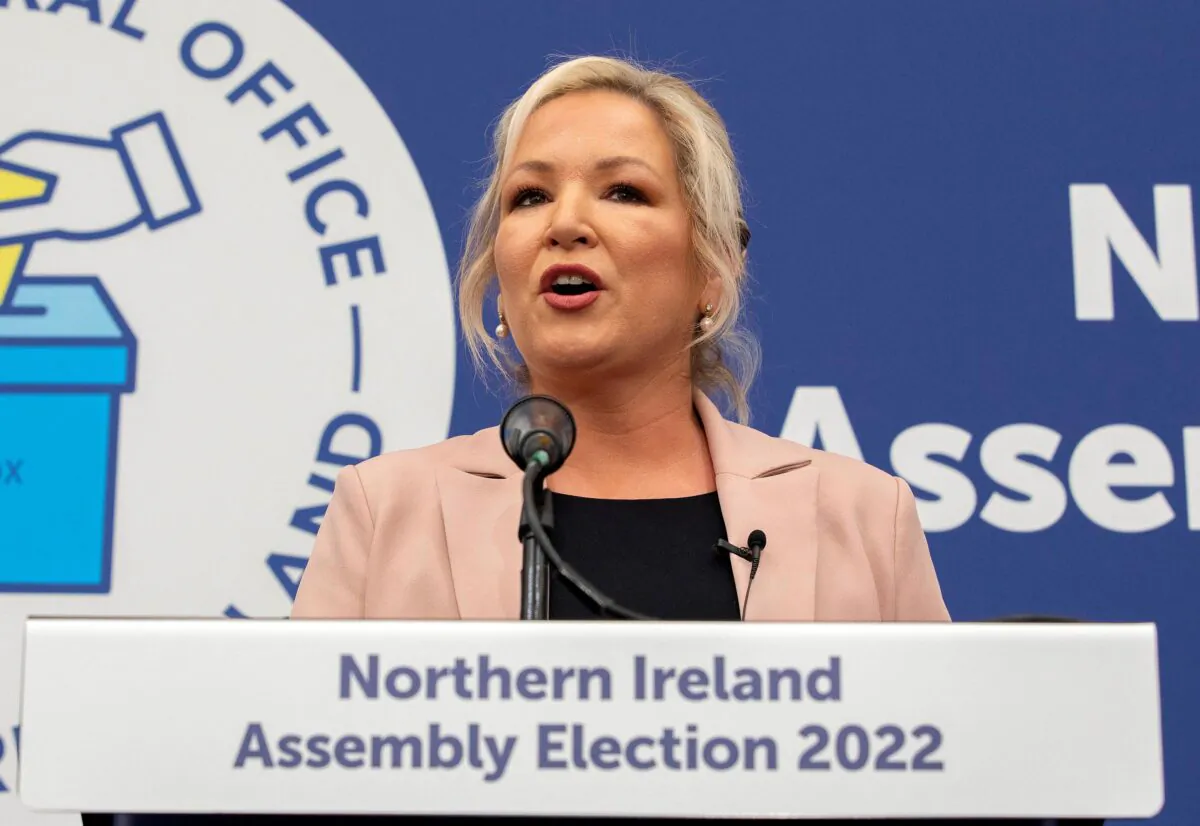Sinn Fein party Northern Leader Michelle O'Neill speaks after the count at the Magherafelt Meadowbank sports center in Magherafelt, County Londonderry, Northern Ireland, UK, on May 7, 2022. (Paul Faith /AFP via Getty Images)