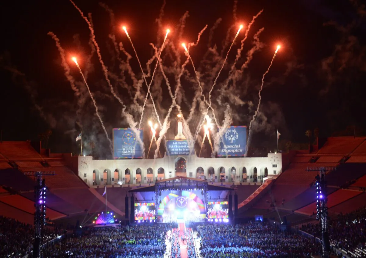 Fireworks explode over the Los Angeles Memorial Coliseum during the 2015 Special Olympics World Games Opening Ceremony, in Los Angeles, Calif., on July 25, 2015. (Robyn Beck/AFP via Getty Images)
