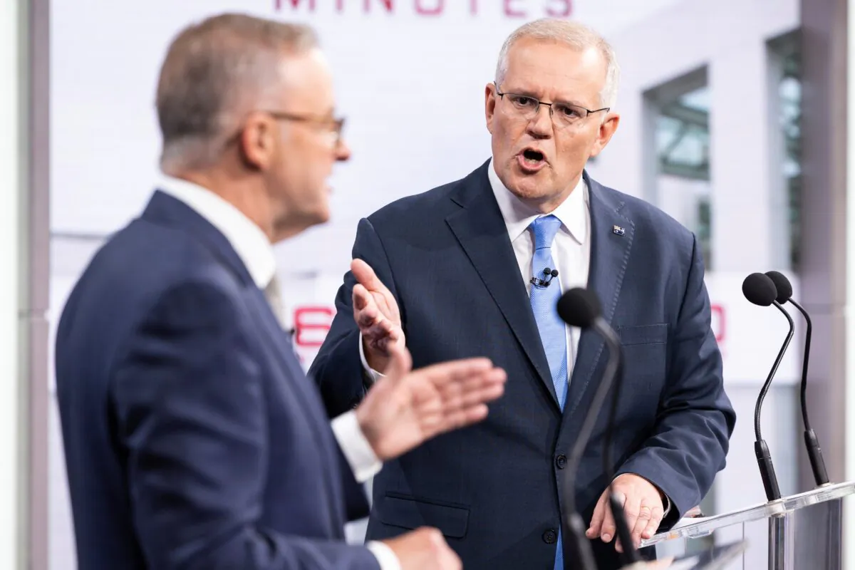 Australian Prime Minister Scott Morrison (right) and Opposition Leader Anthony Albanese during the second leaders' debate ahead of the federal election at Nine Studios in Sydney, Australia, on May 8, 2022. (AAP Image/Pool, Alex Ellinghausen)