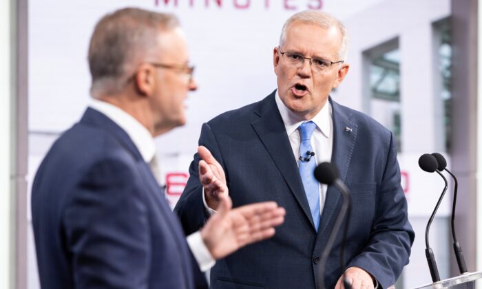 Australian Prime Minister Scott Morrison (right) and Opposition Leader Anthony Albanese during the second leaders' debate ahead of the federal election at Nine Studios in Sydney, Australia, on May 8, 2022. (AAP Image/Pool, Alex Ellinghausen) 