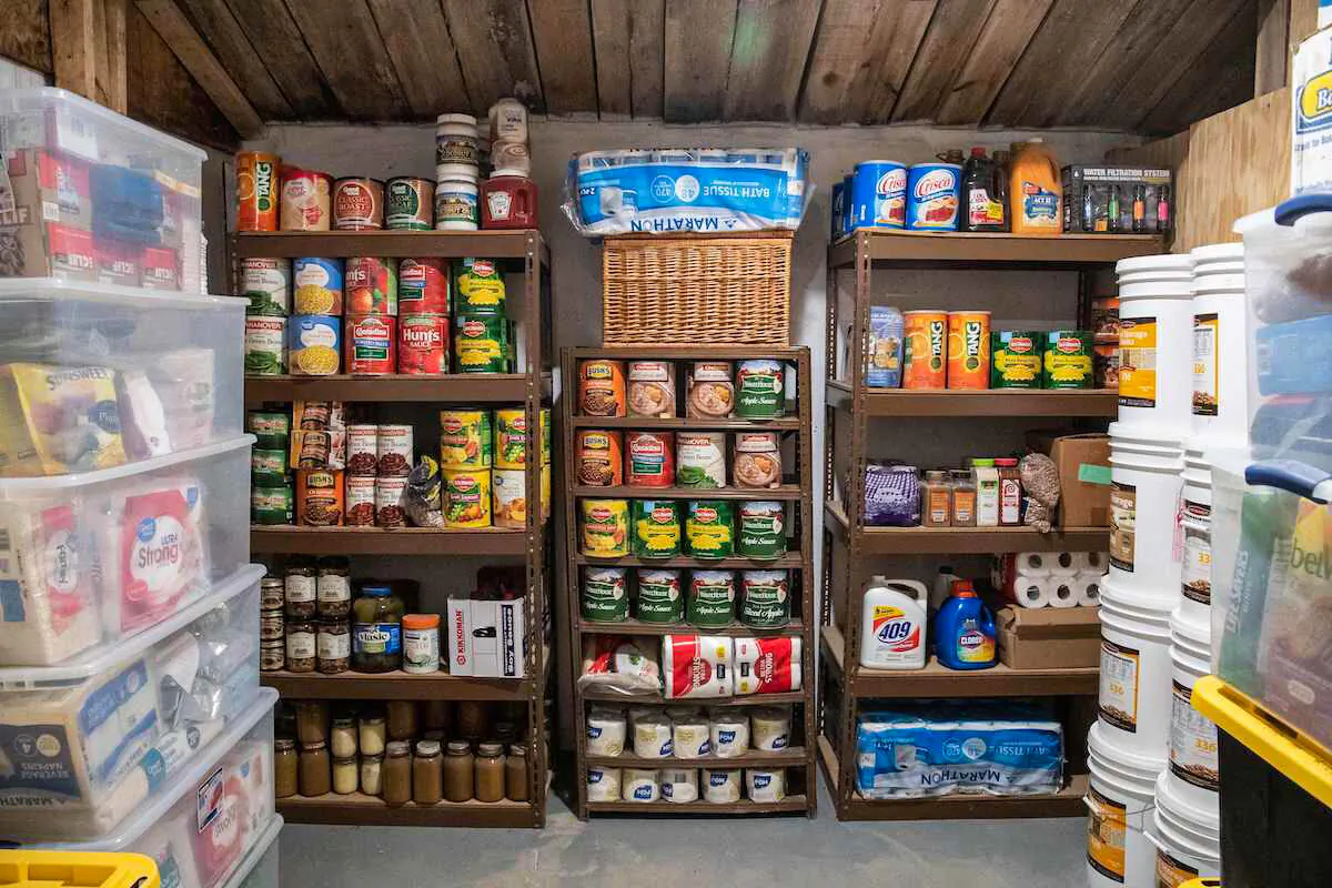 A storage room stacked with food is seen at a preppers ranch in Mathias, West Virginia, on March 13, 2020. (Nicholas Kamm/AFP via Getty Images)