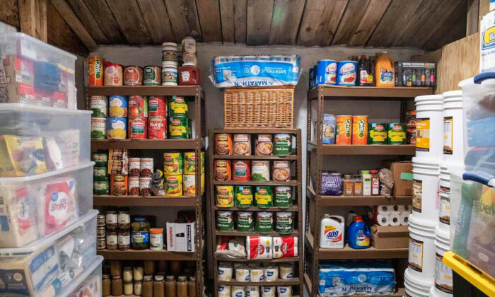 A storage room stacked with food is seen at a preppers ranch in Mathias, West Virginia, on March 13, 2020. (Nicholas Kamm/AFP via Getty Images)