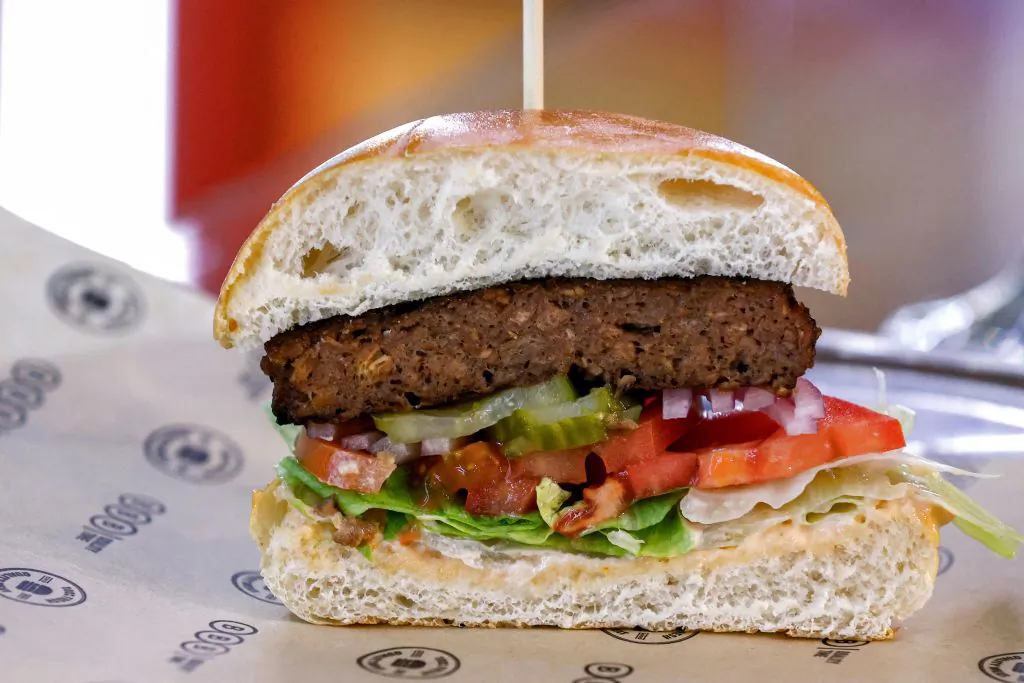 A cross section of a plant-based patty with a meaty taste, taken on December 28, 2021. (Jack GUEZ/AFP via Getty Images)