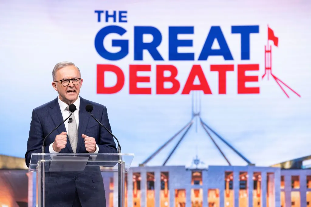 Australian opposition Labor leader Anthony Albanese debates on live television ahead of the federal election, during the second leaders' debate of the 2022 federal election campaign at the Nine studio in Sydney, Australia, on May 8, 2022. (Alex Ellinghausen - Pool/Getty Images)