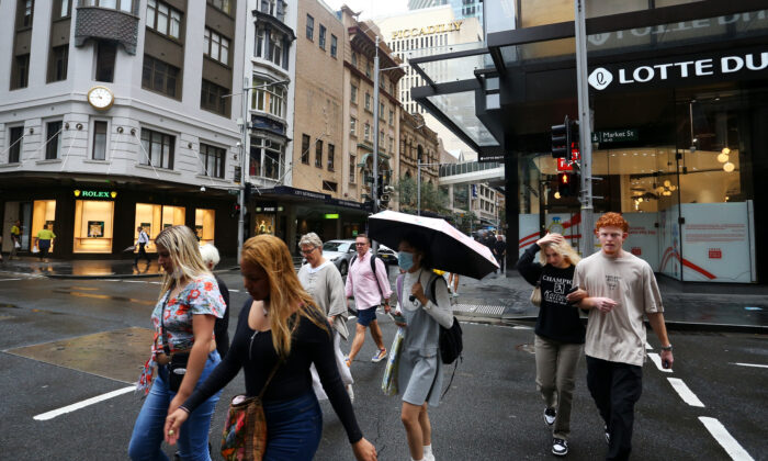 Pedestrians make their way toward Pitt Street shopping mall in Sydney, Australia, on Feb. 25, 2022. (Lisa Maree Williams/Getty Images)