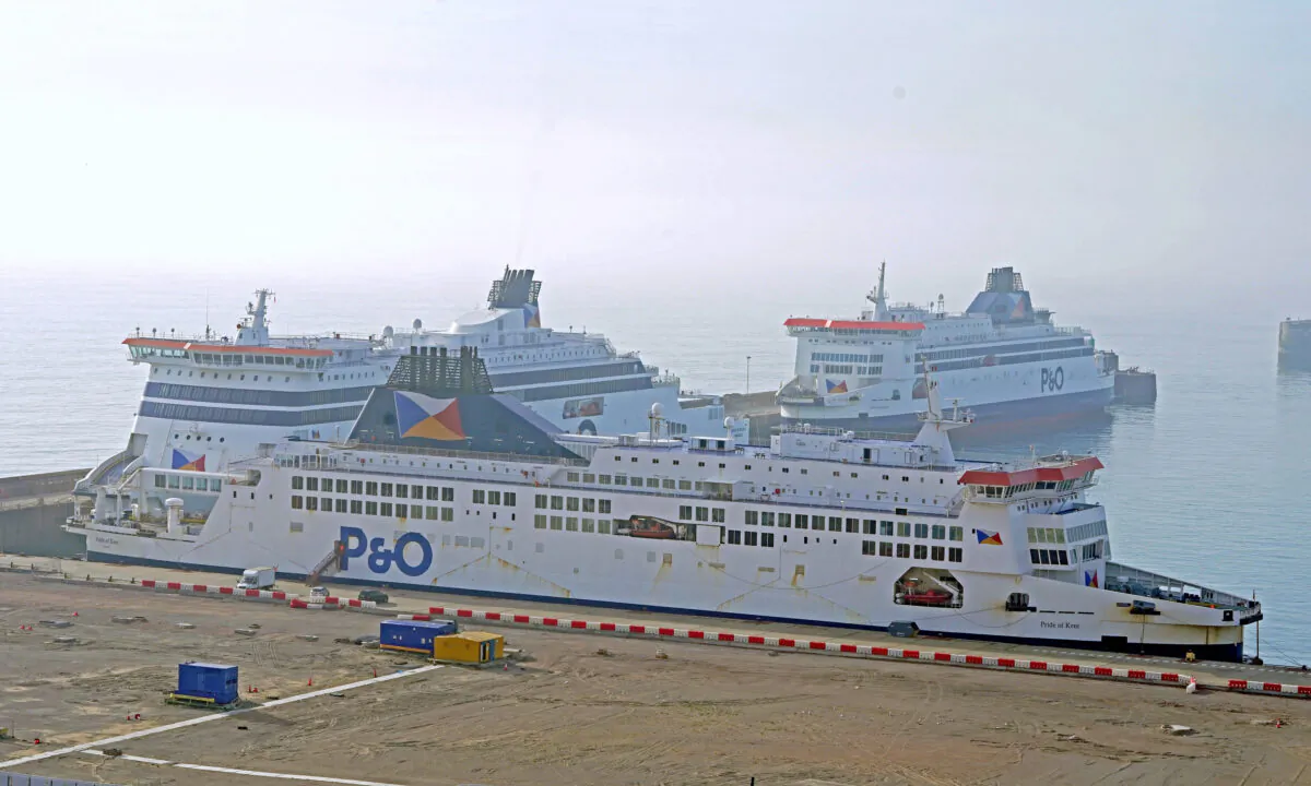 P&O ferries Pride of Kent (front), Spirit of Britain (back left), and Pride of Canterbury (back right) docked at the Port of Dover in Kent, England, on April 15, 2022. (Gareth Fuller/PA)