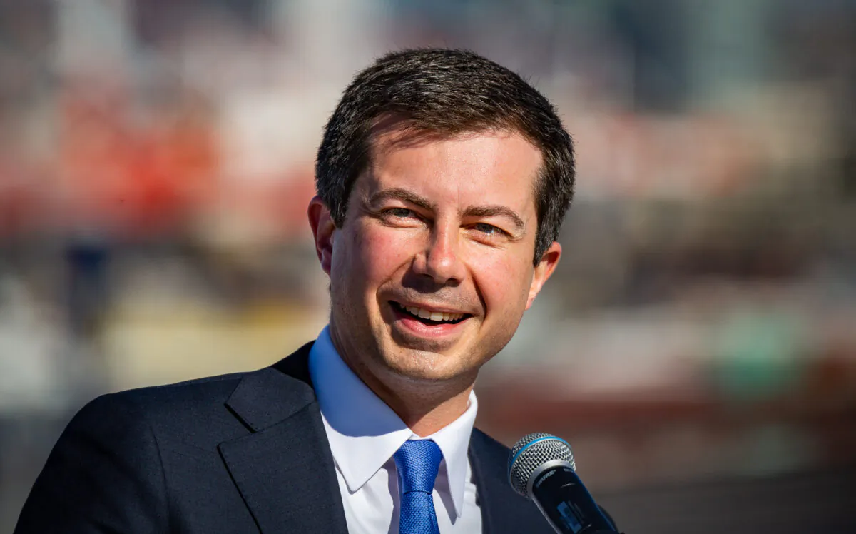Pete Buttigieg, the U.S. secretary of transportation, speaks at the port of Long Beach, Calif., on Jan. 11, 2022. (John Fredricks/The Epoch Times)