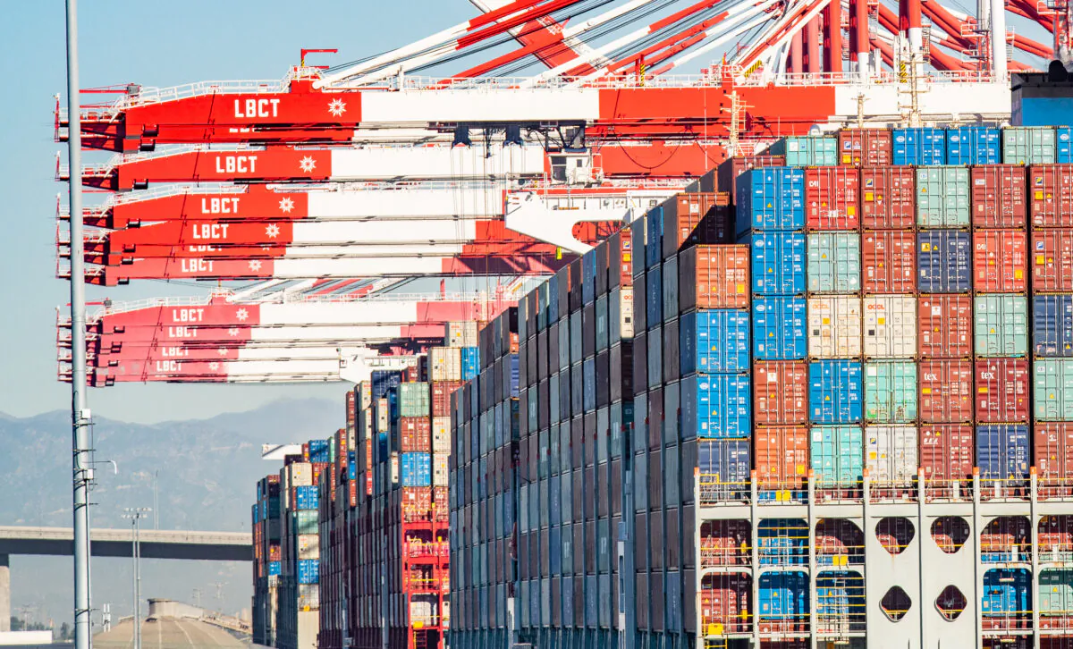A cargo vessel sits docked at the Port of Long Beach in Long Beach, Calif., on Jan. 11, 2022. (John Fredricks/The Epoch Times)