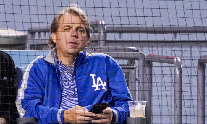 Los Angeles Dodgers co-owner Todd Boehly watches a baseball game against the Detroit Tigers in Los Angeles on April 30, 2022. (Mark J. Terrill/AP Photo)