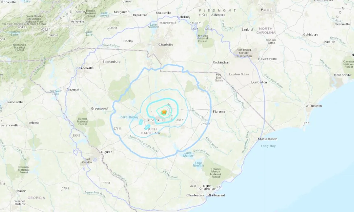 A map showing the location of a magnitude 3.29 earthquake near S.C. on May 9, 2022. (Google Maps/Screenshot via NTD)