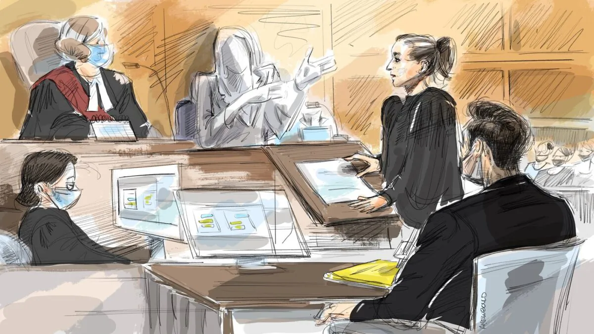 Court clerk, Justice Gillian Roberts, Complainant #1, Defence Kelly Slate, Jacob Hoggard are shown in this courtroom sketch at Hoggard's trial in Toronto, May 6, 2022. (The Canadian Press/Alexandra Newbould)