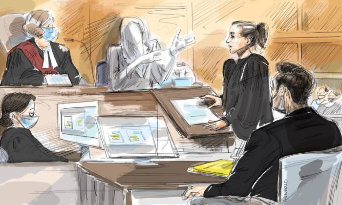 Court clerk, Justice Gillian Roberts, Complainant #1, Defence Kelly Slate, Jacob Hoggard are shown in this courtroom sketch at Hoggard's trial in Toronto, May 6, 2022. (The Canadian Press/Alexandra Newbould)