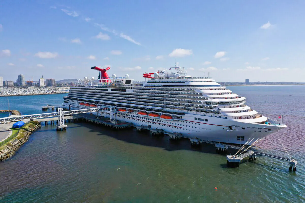 A Carnival cruise ship is seen docked in Long Beach, Calif., on April 16, 2020. (Lucy Nicholson/Reuters)