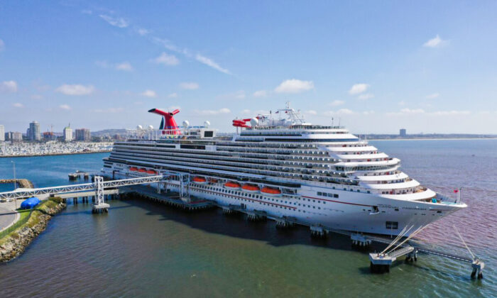 A Carnival cruise ship is seen docked in Long Beach, Calif., on April 16, 2020. (Lucy Nicholson/Reuters)