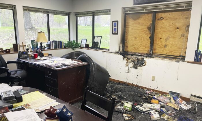 A fire damaged the Wisconsin Family Action headquarters in Madison, Wis., on May 8, 2022. (Alex Shur/Wisconsin State Journal via AP)