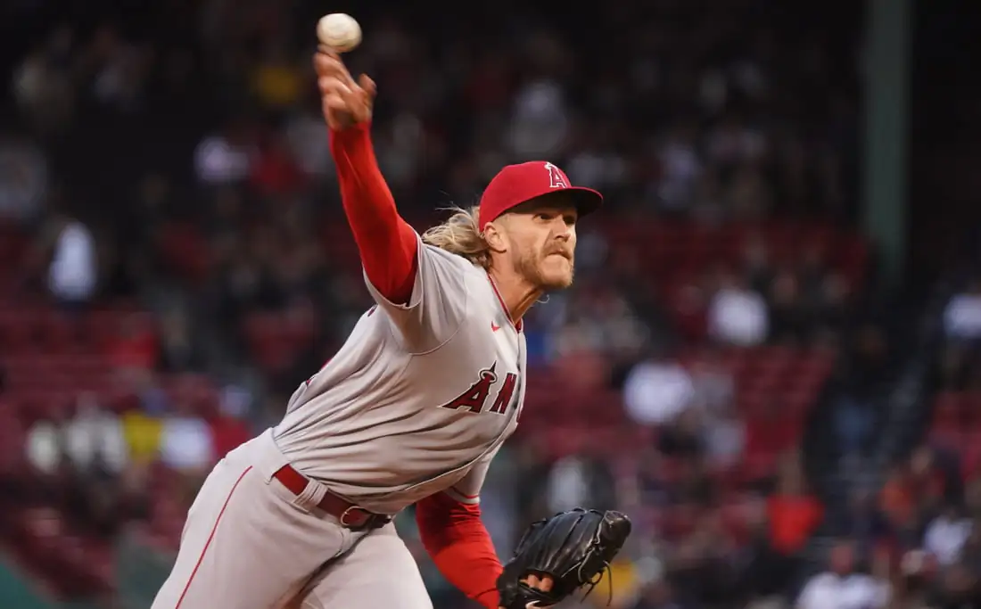 May 3, 2022; Boston, Massachusetts, USA; Los Angeles Angels starting pitcher Noah Syndergaard (34) throws a pitch against the Boston Red Sox in the first inning at Fenway Park. Mandatory Credit: David Butler II-USA TODAY Sports