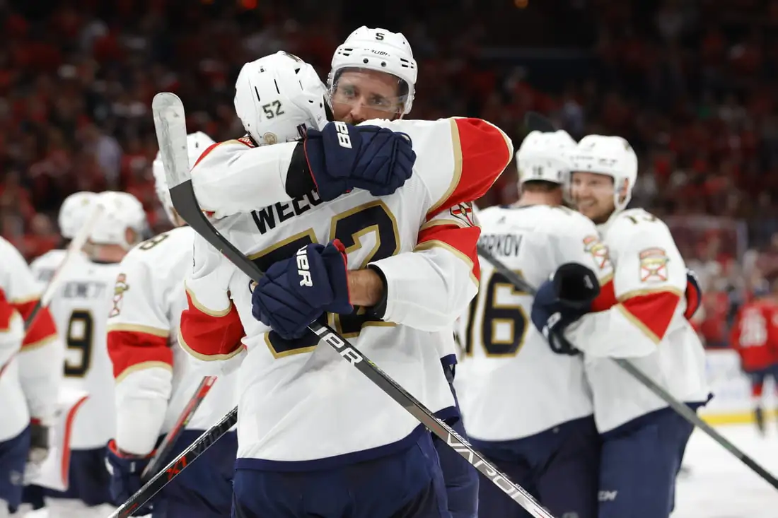 Florida Panthers defenseman Aaron Ekblad (5) celebrates with Florida Panthers defenseman MacKenzie Weegar (52), at Capital One Arena, Washington, on May 13, 2022. (Geoff Burke-USA TODAY Sports via Field Level Media)