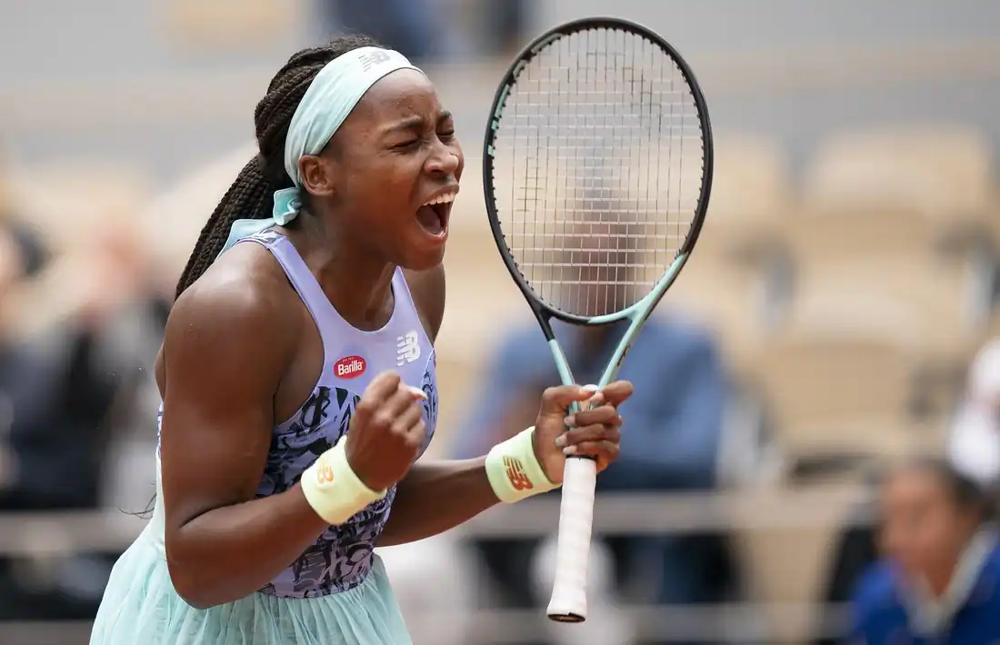 Coco Gauff of the United States celebrates winning her match against Elise Mertens of Belgium during their match on day eight of the French Open at Stade Roland-Garros in Paris on May 29, 2022. (Susan Mullane/USA TODAY Sports Via Field Level Media)