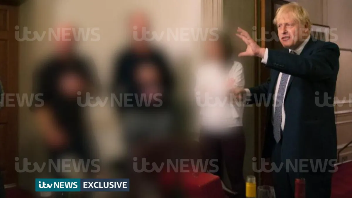 A photograph obtained by ITV News of Prime Minister Boris Johnson at a leaving party in Downing Street, London, on Nov. 13. 2020. (ITV/PA Media)