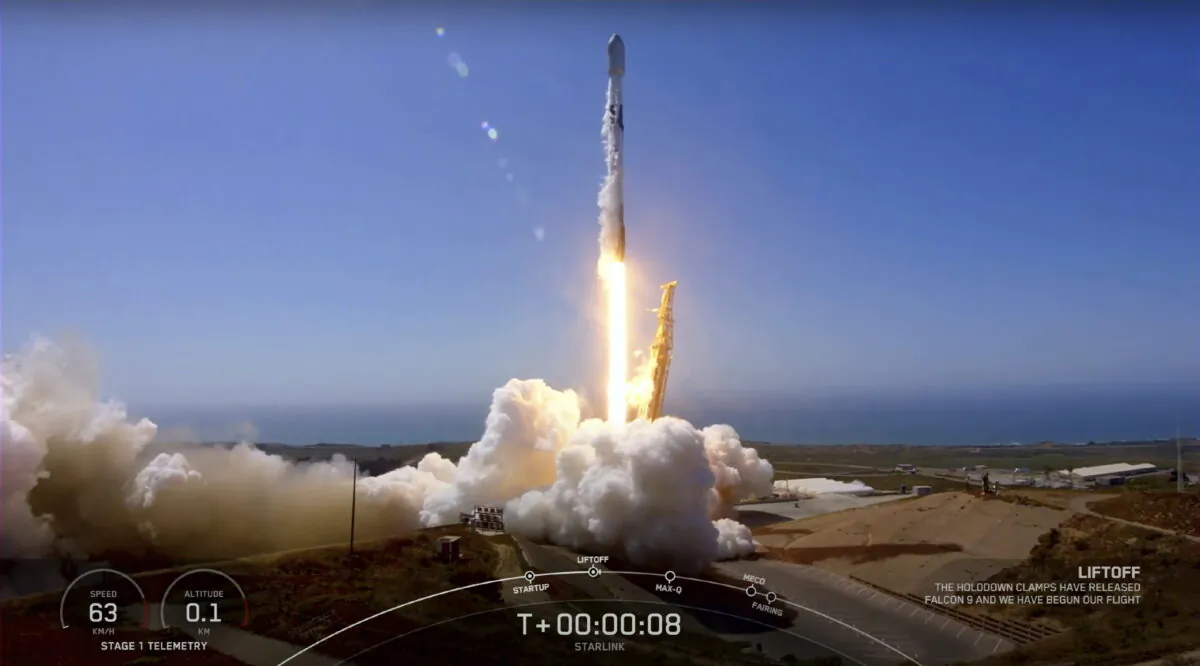 This video image provided by SpaceX, a SpaceX Falcon 9 mission to launch 53 Starlink satellites to low-Earth orbit from Space Launch Complex 4 East (SLC-4E), takes off from Vandenberg Space Force Base, Calif., on May 13, 2022. (SpaceX via AP)
