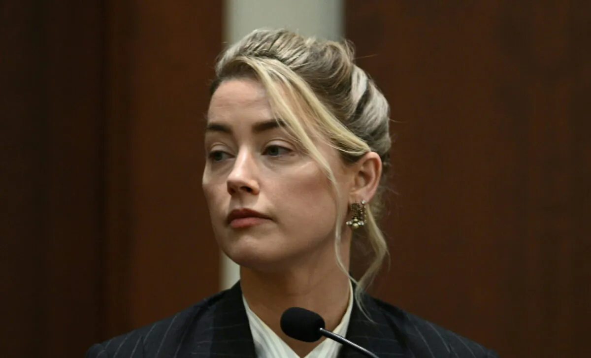 Actress Amber Heard testifies in the courtroom at the Fairfax County Circuit Courthouse in Fairfax, Va., on May 17, 2022. (Brendan Smialowski/Pool photo via AP)