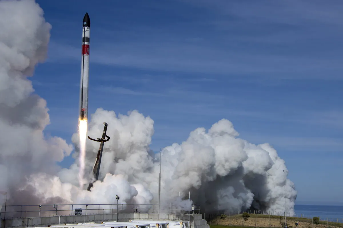 The Electron rocket blasts off for its "There And Back Again" mission from their launch pad on the Mahia Peninsula, New Zealand, on May 3, 2022. (Rocket Lab via AP)